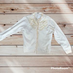 Grandma cardigan sweater cream pearls sequins floral s lambs wool angora rabbit